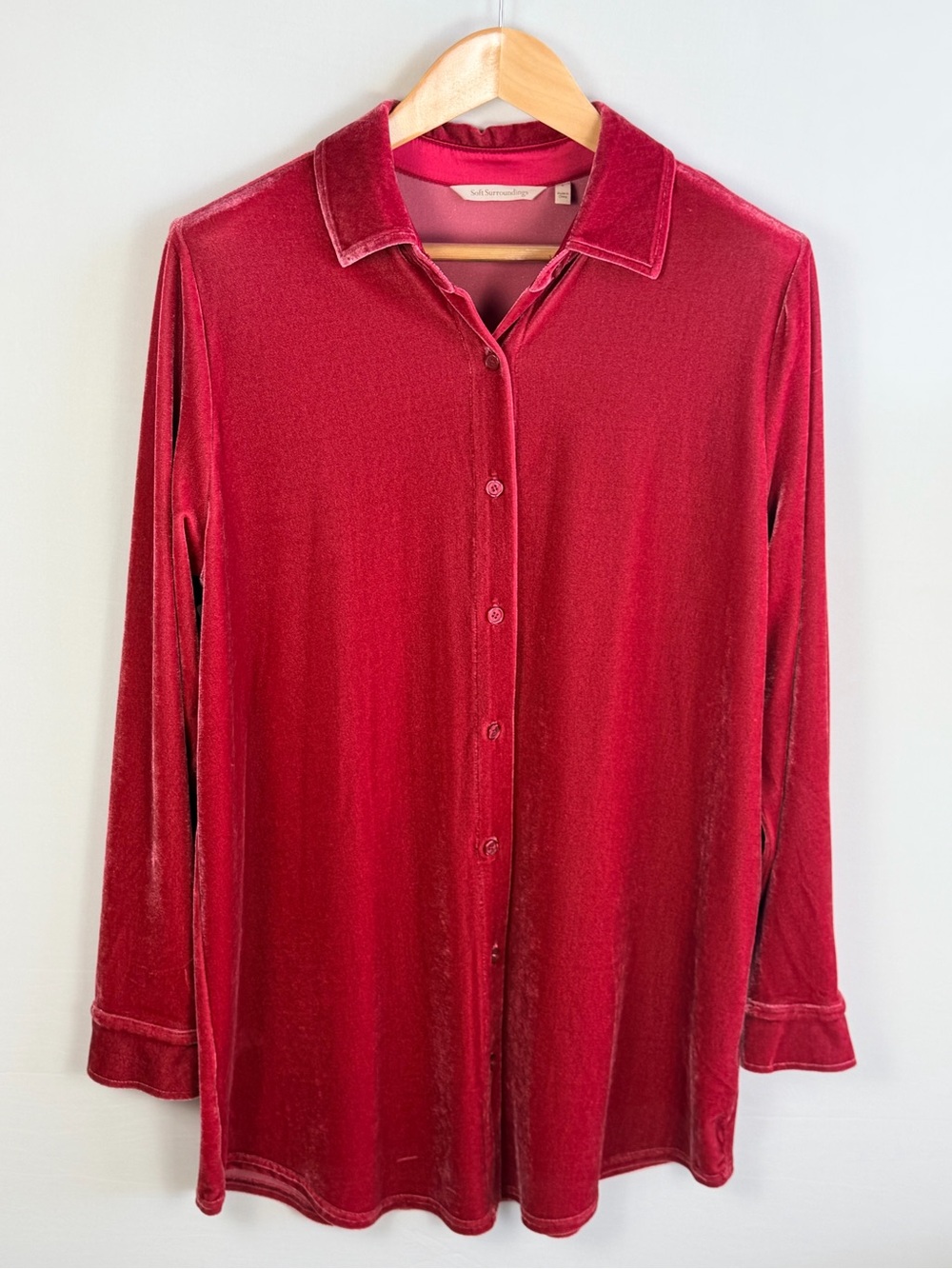 Soft Surroundings Velvet Boyfriend Tunic Shirt Large Regal Red Button Up Top